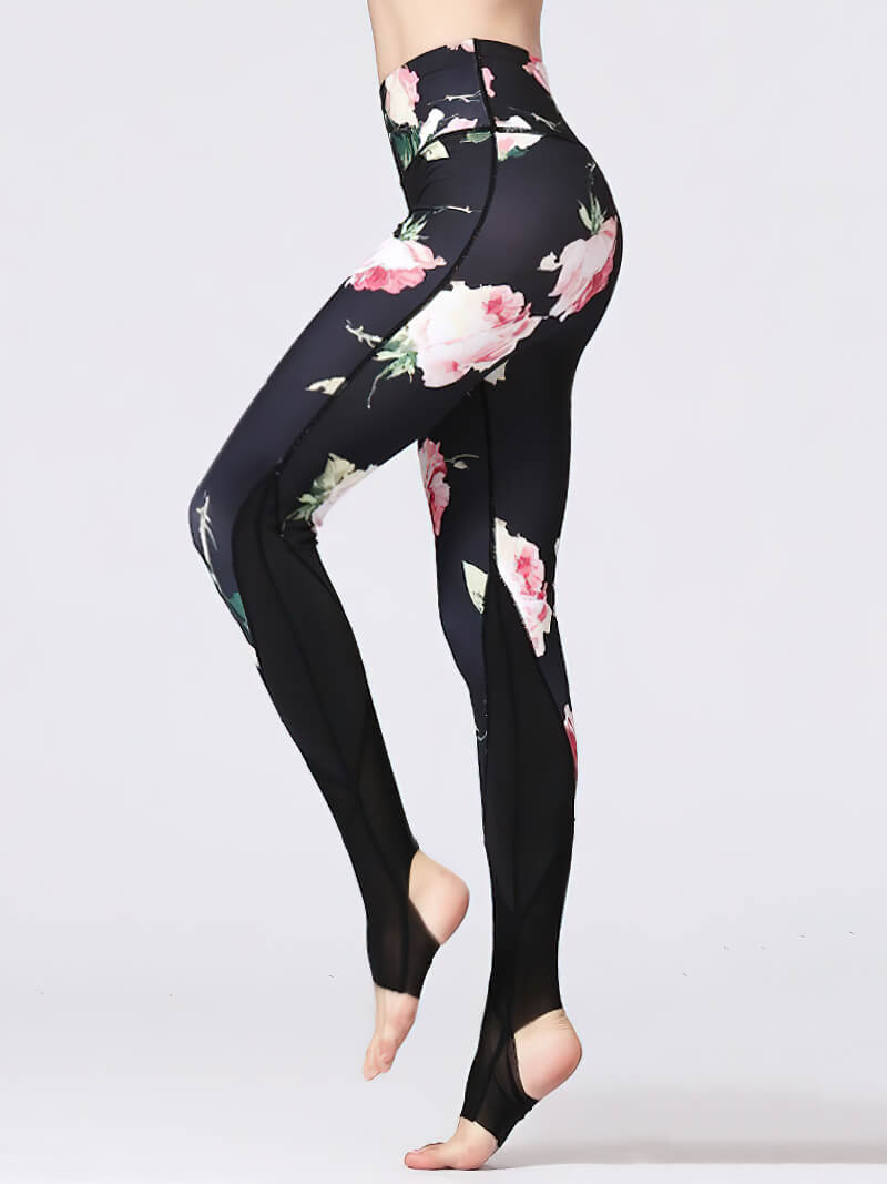 Model wearing women's floral printed leggings with open heels, perfect for yoga and fitness. Breathable nylon and spandex fabric.